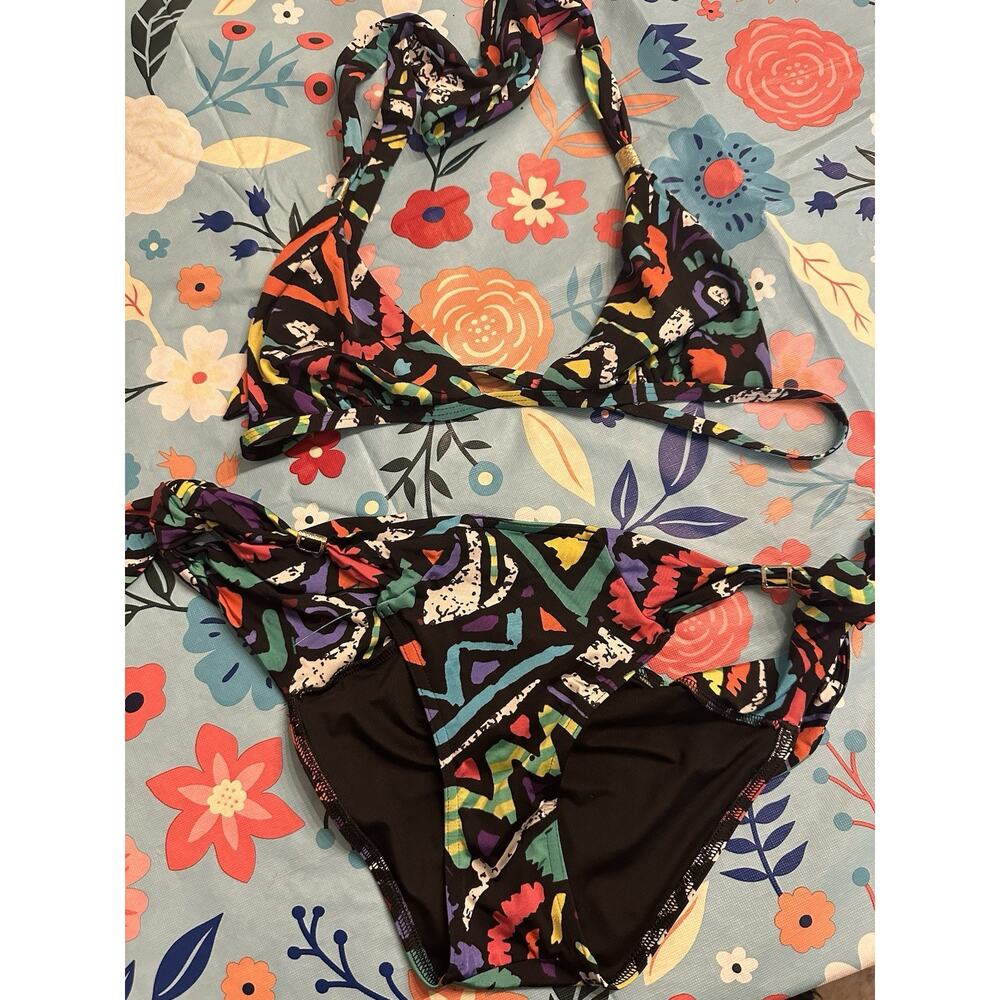 Triangle Halter Bikini 2pc Victoria Secret VS Swim Multi- Y2K Abstract Med Tie